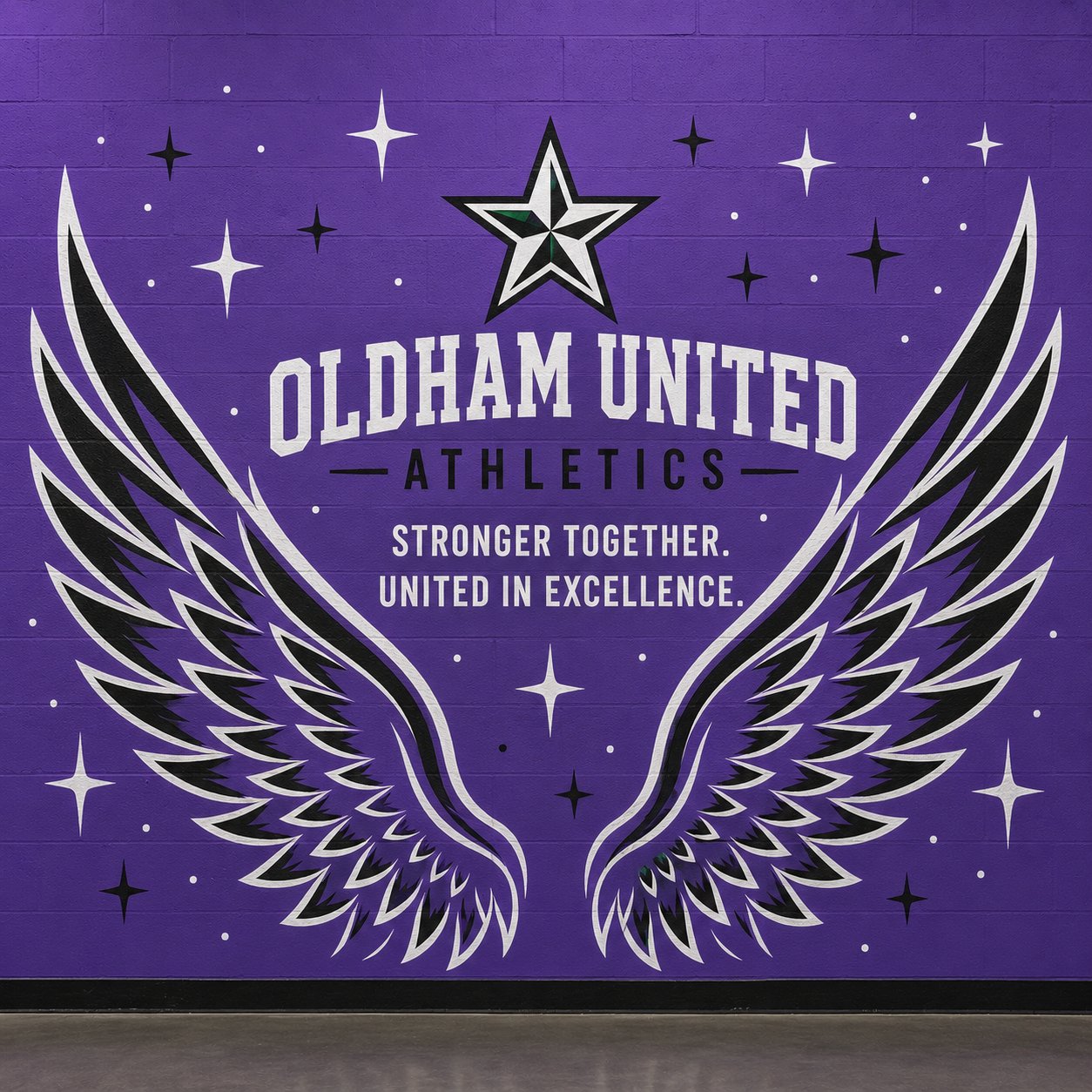 Oldham United Athletics gym mural — Stronger Together, United in Excellence