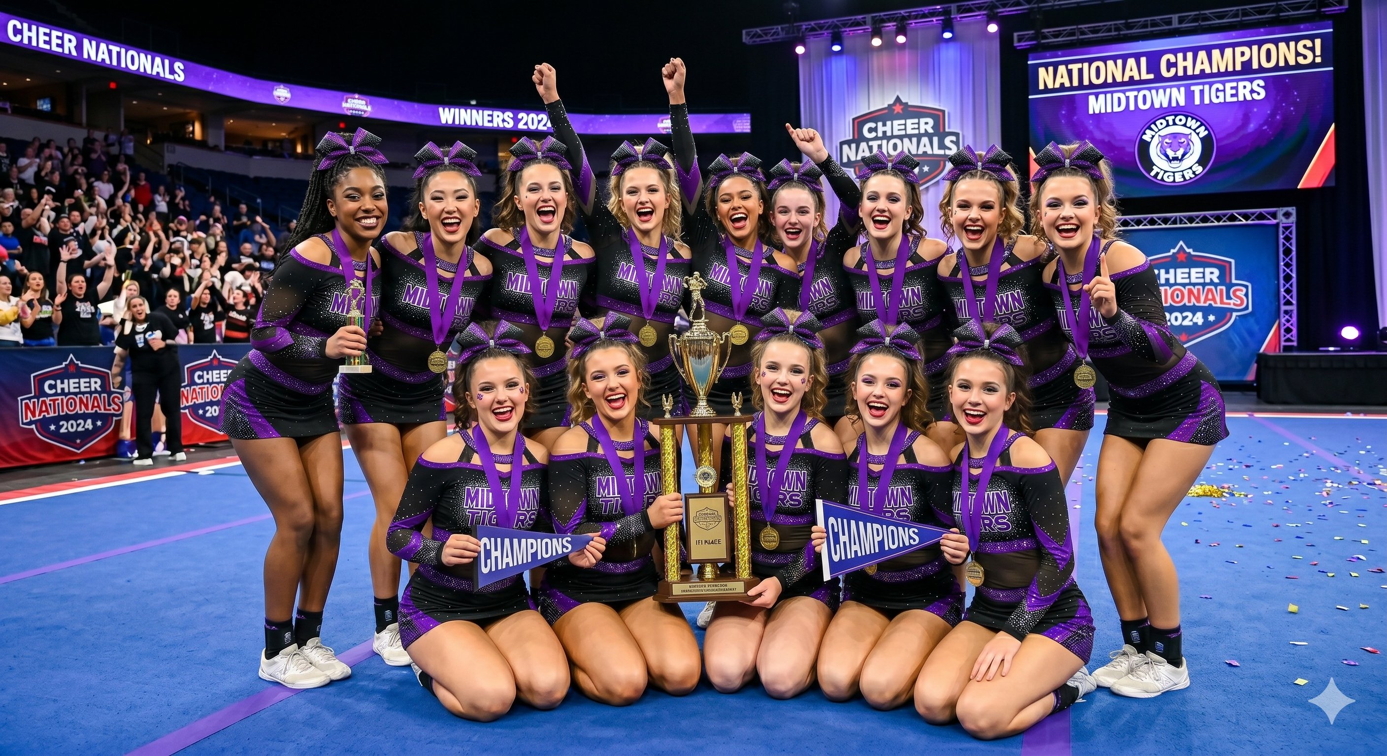 OUA cheer team celebrating